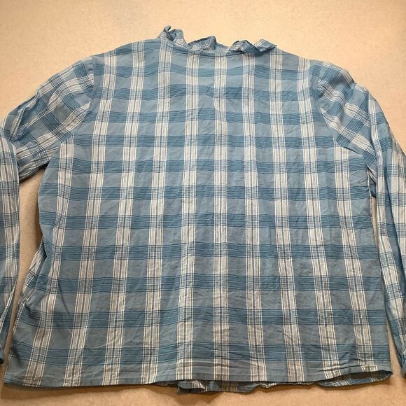 Madewell Ruffle‎ Neck Top Colwell Plaid Medium Blue & White - Picture 5 of 11